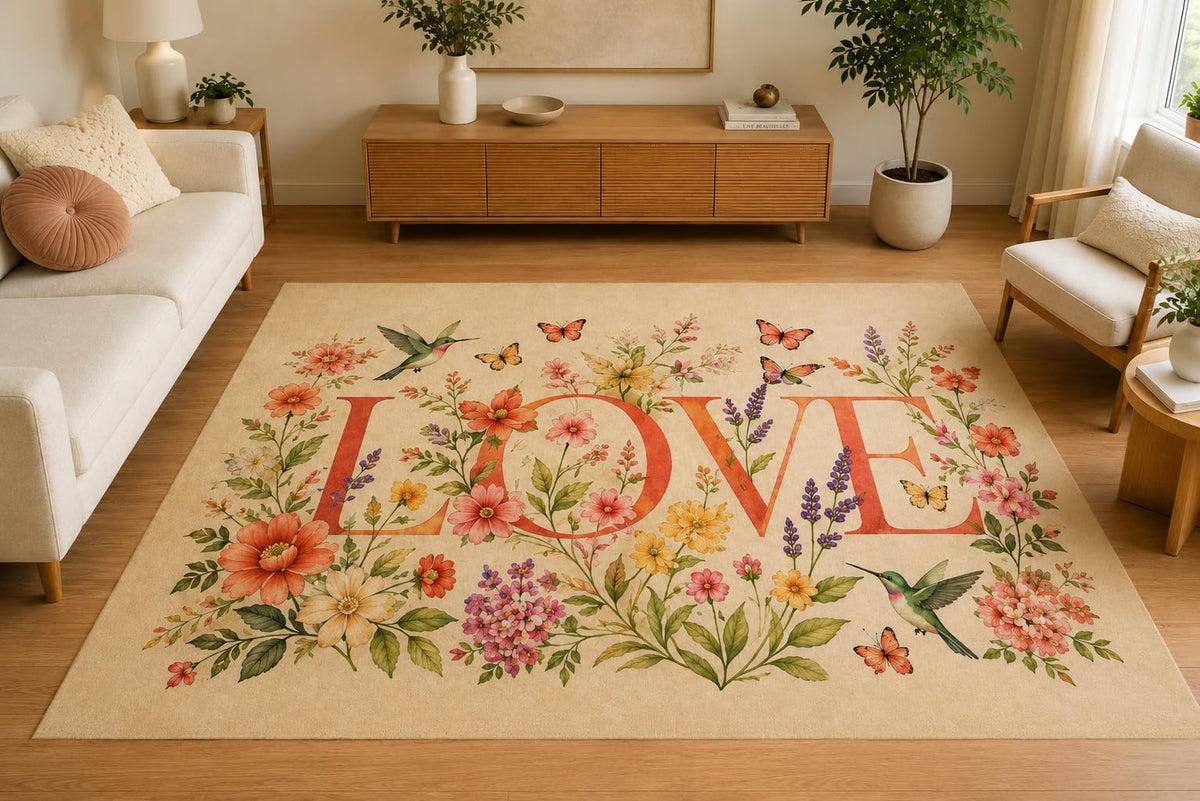 ICE ARMOR 5' x 7' Hummingbird Floral Love Area Rug, Soft Low Pile Indoor Rug with Non-Slip Silicone Backing, Decorative Carpet for Living Room, Bedroom, Family Room, Beige Coral