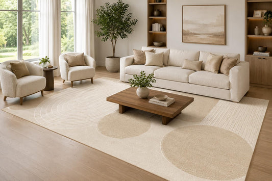 ICE ARMOR Large 6'7" x 9'10" Beige and Ivory Curved Line Circles Area Rug for Living Room, Soft Low Pile Carpet with Non-Slip Silicone Backing, Decor for Bedroom and Home Office