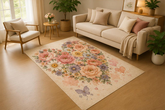 ICE ARMOR 5' x 7' Romantic Floral Bouquet Area Rug, Soft Low Pile Indoor Rug with Non-Slip Silicone Backing for Living Room, Bedroom, Family Room, Cottage Decor, Pink Cream Purple