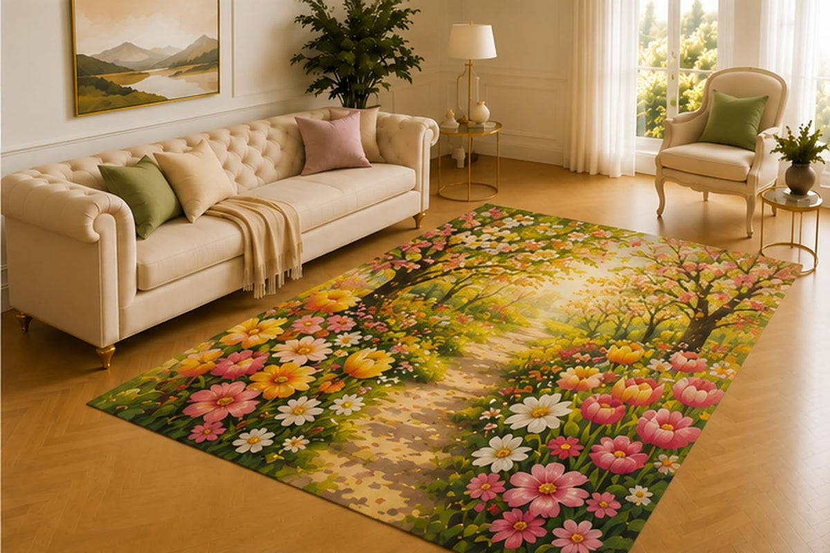 ICE ARMOR 5' x 7' Sunlit Garden Path Rug, Pink Tulips, White Daisies and Golden Blooms Beneath Flowering Trees, Cheerful Decor for Living Room, Bedroom or Hallway