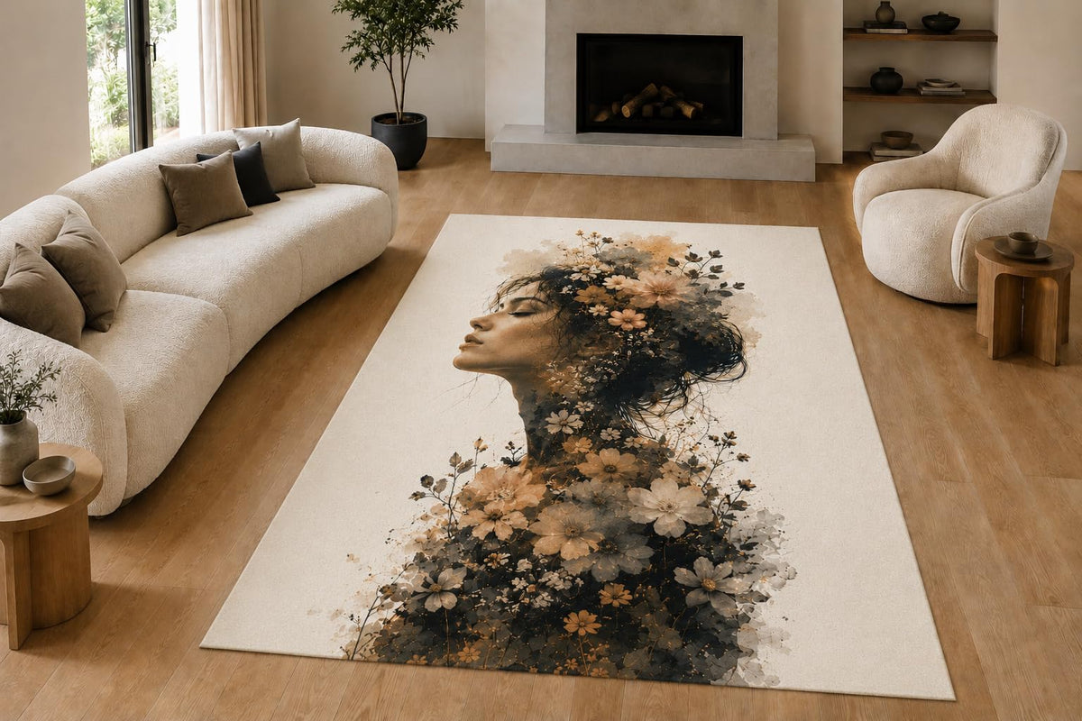 ICE ARMOR "Ultra Lightweight Large 6'7" x 9'10" Blossom Silhouette Area Rug for Living Room, Bedroom and Home Office, Soft Low Pile Carpet with Non-Slip Silicone Backing, Cream and Charcoal