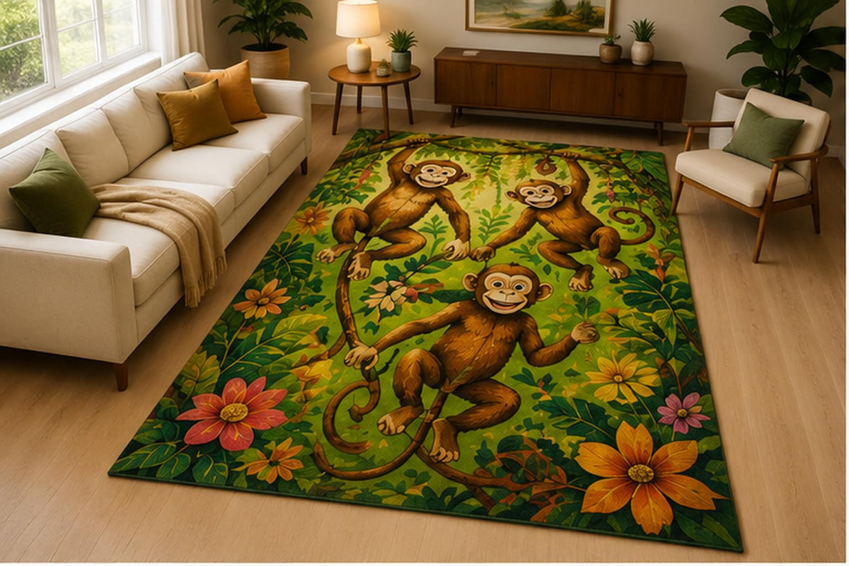 ICE ARMOR 5' x 7' Monkey Jungle Flower Area Rug Soft Low Pile Indoor Rug with Non Slip Silicone Backing Tropical Animal Decor Carpet for Living Room Bedroom Family Room Kids and Pets Green
