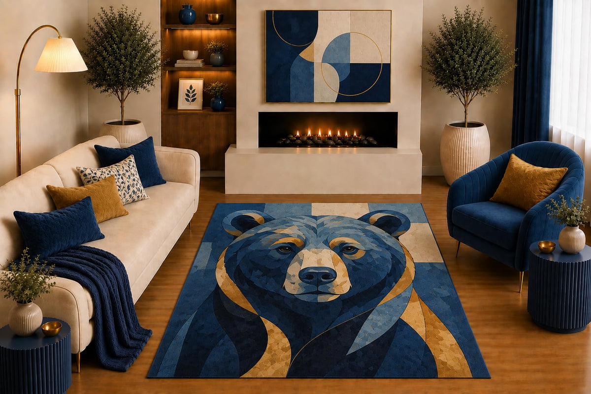 ICE ARMOR "Ultra Light Weight 5' x 7' Blue Bear Area Rug Modern Geometric Wildlife Art in Navy Gold Beige for Living Room Bedroom Cabin Lodge Decor Non-Slip Silicone Backing Low Pile