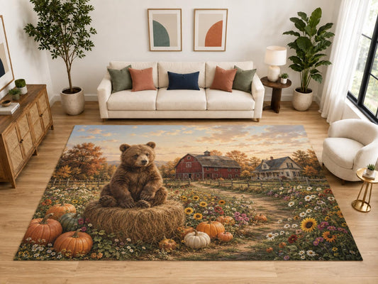 ICE ARMOR "Ultra Light Weight Large 6'7" x 9'10" Bear Pumpkin Farm Area Rug, Soft Low Pile Indoor Rug, Non-Slip Silicone Backing, Family Room, Brown