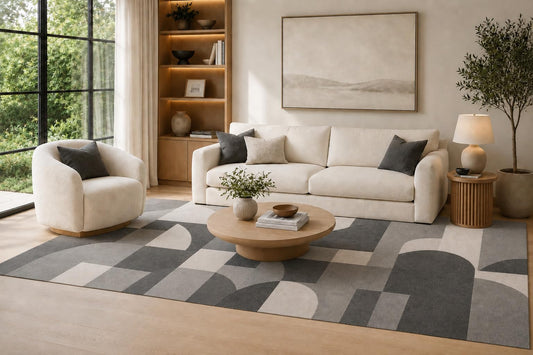ICE ARMOR Large 6'7" x 9'10" Gray, Charcoal and Cream Curved Geometric Mosaic Area Rug for Living Room, Soft Low Pile Carpet with Non-Slip Backing, Floor Decor for Bedroom and Home Office