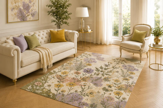 ICE ARMOR 5' x 7' Lavender Wildflower Meadow Area Rug for Living Room, Soft Low Pile Indoor Carpet with Non-Slip Backing for Bedroom, Dining Room, Office