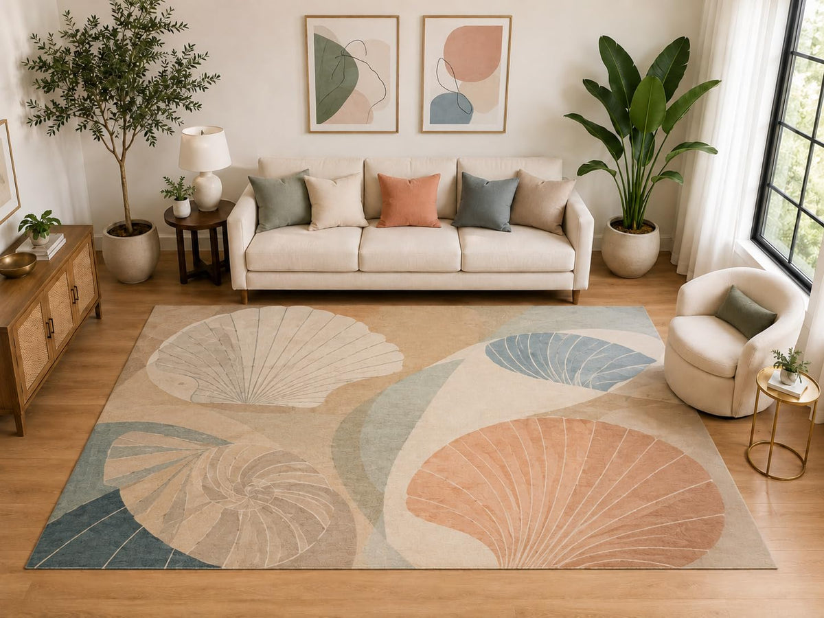 ICE ARMOR "Ultra Light Weight Large 6'7" x 9'10" Coastal Seashell Area Rug, Soft Low Pile Indoor Rug and Non-Slip Silicone Backing for Living Room Bedroom, Beige Blue