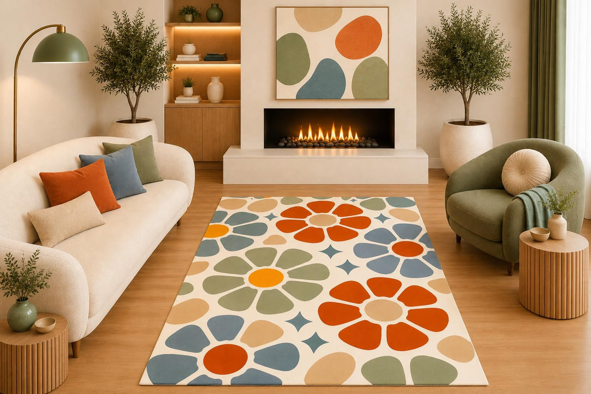 ICE ARMOR 5' x 7' Retro Daisy Floral Area Rug Mid Century Modern Oversized Flower Pattern Cream Orange Blue Sage for Living Room Bedroom Playroom Non-Slip Silicone Backing Low Pile