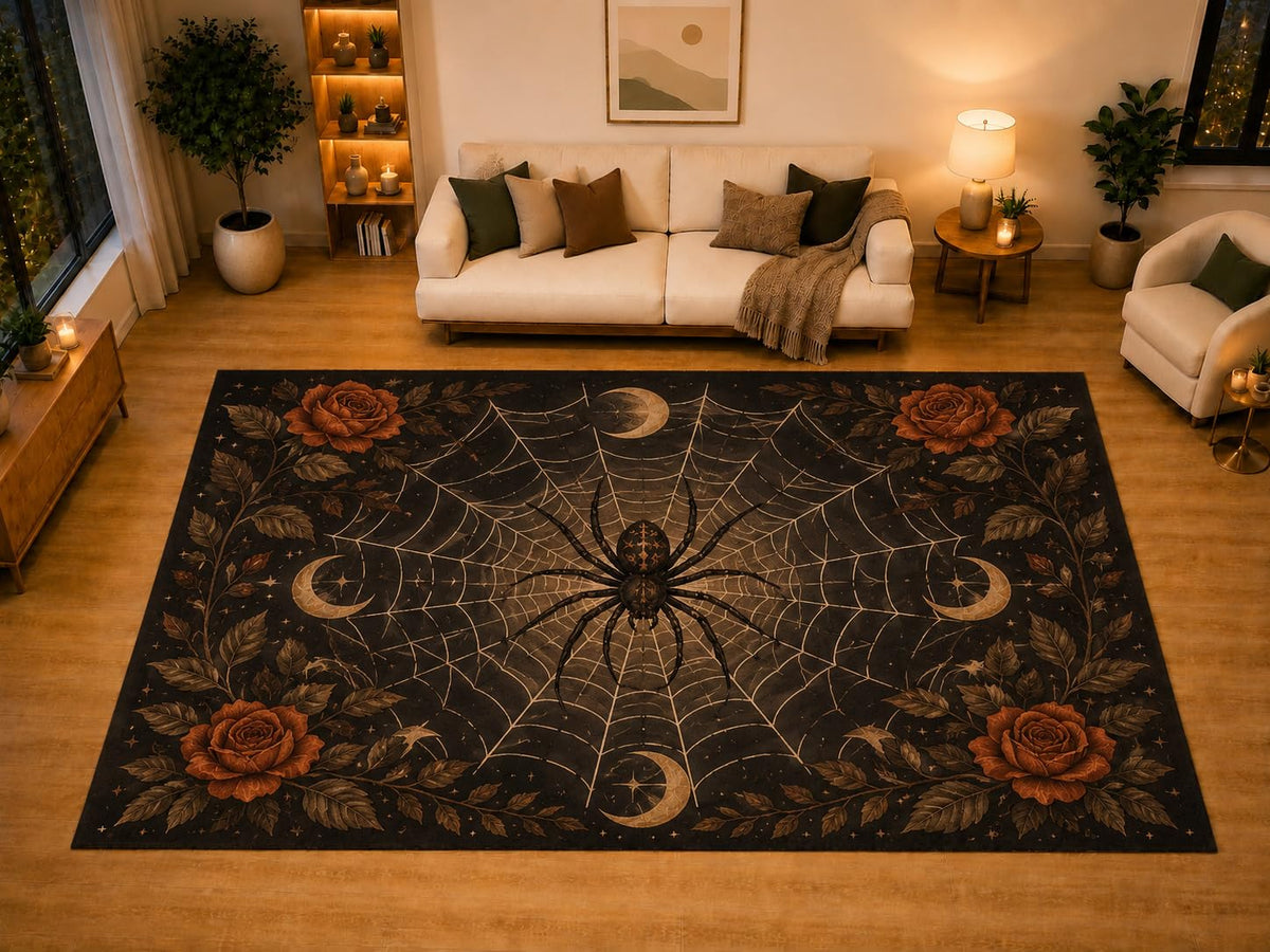 ICE ARMOR "Ultra Light Weight Large 6'7" x 9'10" Spider Web Crescent Moon Rose Area Rug for Living Room Bedroom, Soft Low Pile Non-Slip Backing, Black Orange Gothic Celestial Decor