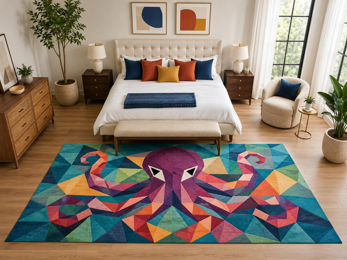 ICE ARMOR "Ultra Light Weight Large 6'7" x 9'10" Geometric Purple Octopus Rug, Soft Low Pile Indoor Rug, Non-Slip Silicone Backing for Bedroom Teal