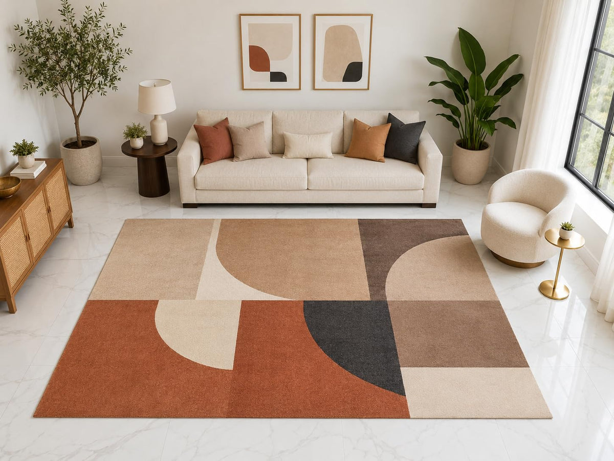 ICE ARMOR "Ultra Light Weight Large 6'7" x 9'10" Geometric Abstract Rug, Soft Low Pile Indoor Rug, Non-Slip Silicone Backing for Living Room Brown