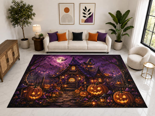 ICE ARMOR "Ultra Light Weight Large 6'7" x 9'10" Witch Cottage Pumpkin Rug, Soft Low Pile Indoor Rug, Non-Slip Silicone Backing for Family Room Purple