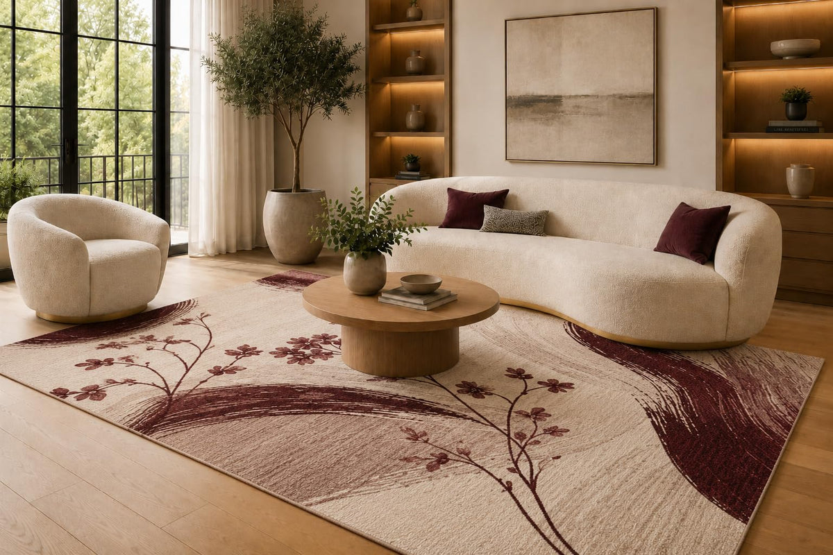 ICE ARMOR 6'7" x 9'10" Burgundy and Cream Botanical Brush Arcs Area Rug for Living Room, Soft Low Pile Carpet with Non-Slip Silicone Backing, Floor Decor for Bedroom, Dining Area and Home Office