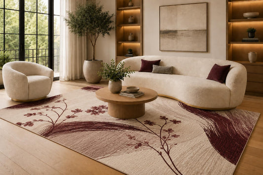 ICE ARMOR 6'7" x 9'10" Burgundy and Cream Botanical Brush Arcs Area Rug for Living Room, Soft Low Pile Carpet with Non-Slip Silicone Backing, Floor Decor for Bedroom, Dining Area and Home Office