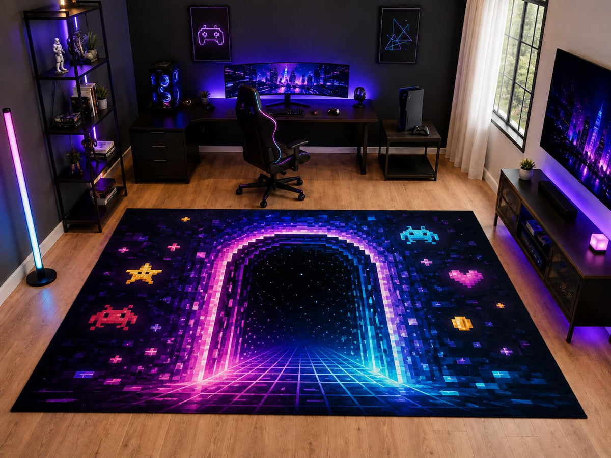 ICE ARMOR "Ultra Light Weight Large 6'7" x 9'10" Neon Arcade Portal Area Rug for Kids Room Playroom, Soft Low Pile Indoor Rug and Non-Slip Silicone Backing, Black