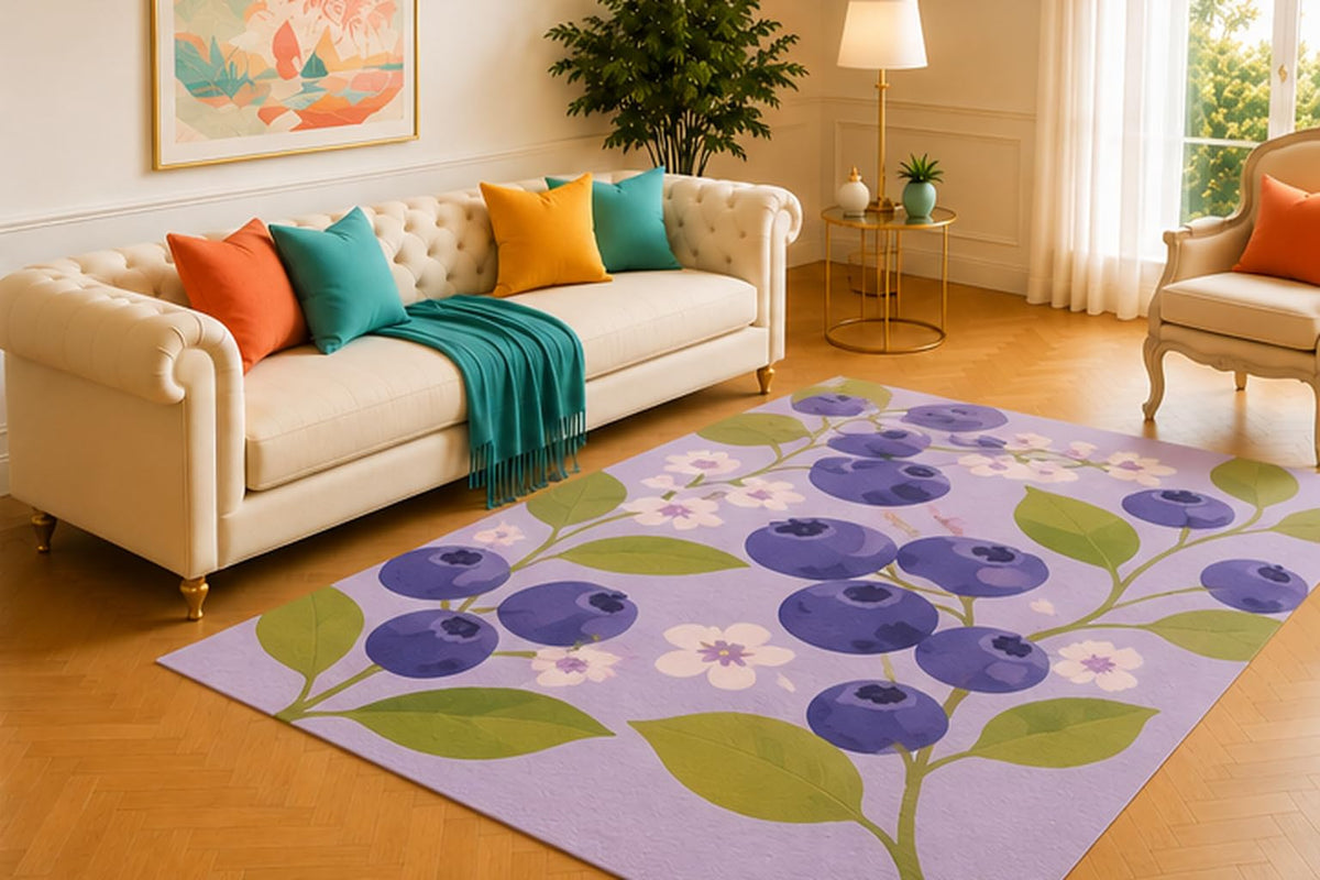 ICE ARMOR 5' x 7' Blueberry Blossom Area Rug, Modern Berry Fruit and White Floral Botanical Design in Blue Purple Green and Lavender, Soft Low Pile Carpet for Living Room Bedroom Nursery