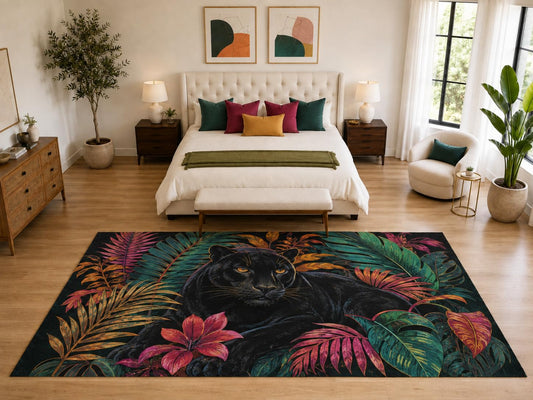 ICE ARMOR "Ultra Light Weight Large 6'7" x 9'10" Tropical Black Panther Rug, Soft Low Pile Indoor Rug, Non-Slip Silicone Backing for Bedroom Black