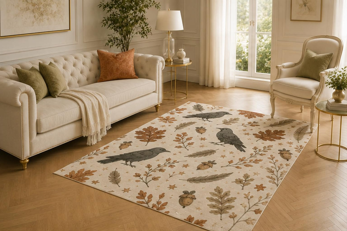 ICE ARMOR 5' x 7' Raven Acorn Fall Rug, Woodland Leaves and Feather Motif, Smooth Printed Indoor Floor Cover for Library, Office, Lounge, Bedroom and Rustic Home Decor