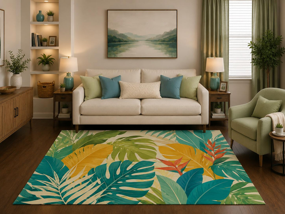 ICE ARMOR 5' x 7' Tropical Botanical Leaf Area Rug Modern Monstera Palm Banana Leaf Jungle Living Room Bedroom Dining Room Coastal Decor Non-Slip Silicone Backing Low Pile