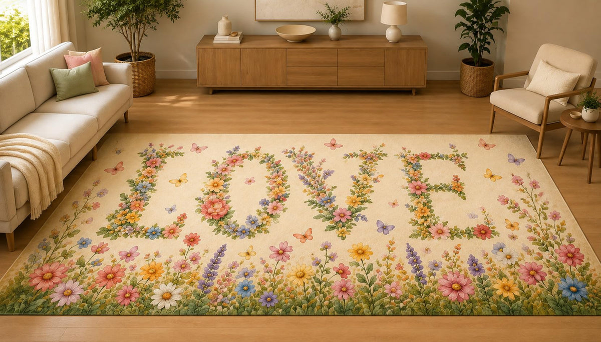 ICE ARMOR 5' x 7' Botanical Love Floral Letter Area Rug, Soft Low Pile Indoor Rug with Non-Slip Silicone Backing, Living Room, Bedroom, Office, Beige Pastel