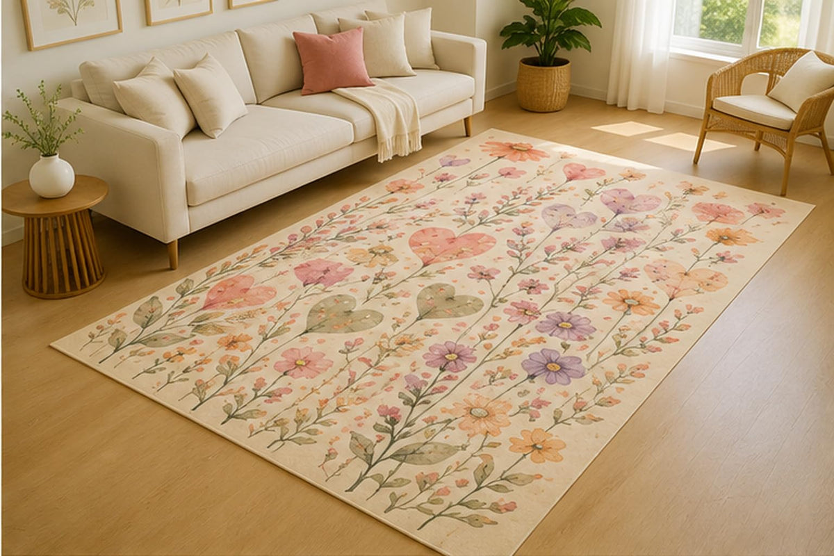 ICE ARMOR 5' x 7' Wildflower Heart Vine Area Rug for Living Room, Soft Low Pile Indoor Rug with Non-Slip Silicone Backing, Floral Carpet for Bedroom, Dining Room, Office, Family Room, Kids & Pets