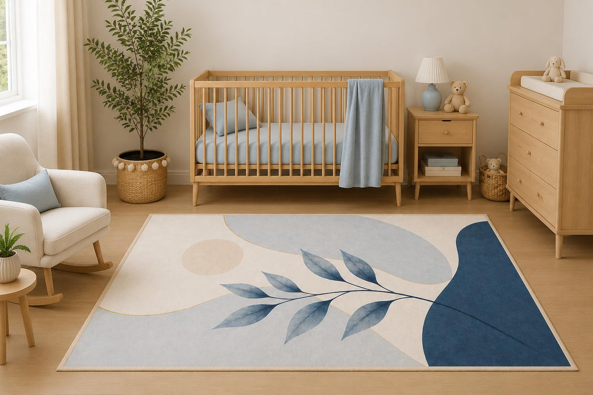 ICE ARMOR 5' x 7' Blue Botanical Leaf Area Rug, Modern Minimalist Nature Living Room Bedroom Nursery Decor, Non-Slip Silicone Backing Low Pile Carpet