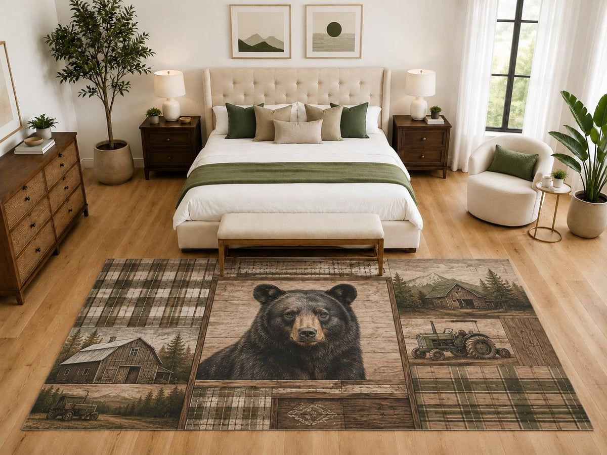 ICE ARMOR "Ultra Light Weight Large 6'7" x 9'10" Bear Farm Collage Area Rug, Soft Low Pile Indoor Rug, Non-Slip Silicone Backing, Office, Brown