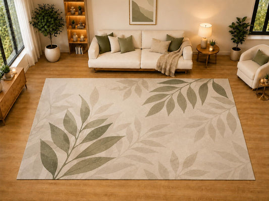 ICE ARMOR "Ultra Light Weight Large 6'7" x 9'10" Botanical Leaf Shadow Area Rug for Living Room, Bedroom, Dining Room, Soft Low Pile Non-Slip Backing, Beige Sage