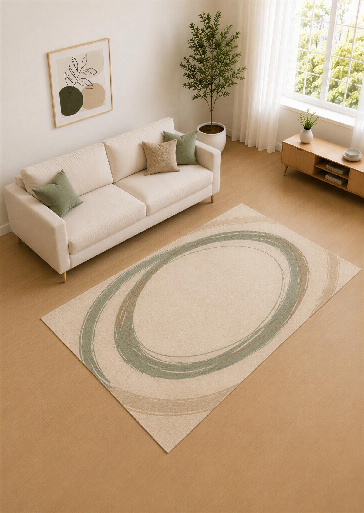 ICE ARMOR 5' x 7' Sage Green and Beige Brush Ring Area Rug for Living Room, Soft Low Pile Carpet with Non-Slip Silicone Backing, Decor for Bedroom and Home Office