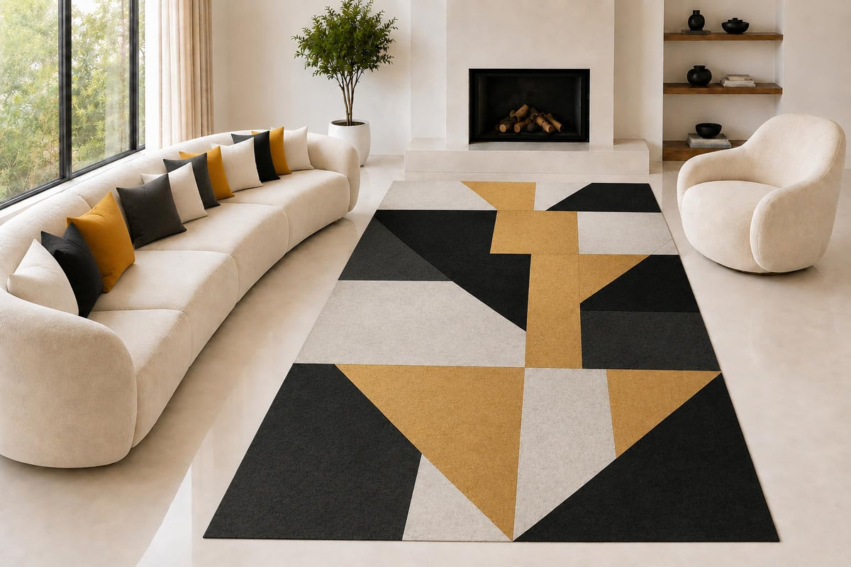 ICE ARMOR "Ultra Lightweight Large 6'7" x 9'10" Angular Shapes Area Rug for Living Room, Bedroom and Home Office, Soft Low Pile Carpet with Non-Slip Silicone Backing, Black and Golden Color