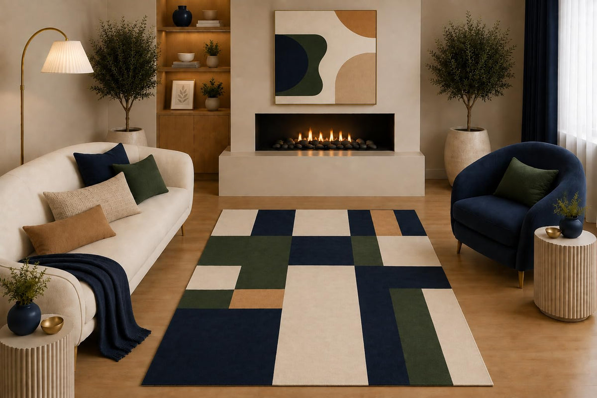 ICE ARMOR "Ultra Light Weight 5' x 7' Modern Geometric Area Rug Navy Blue Olive Green Cream Tan Color Block Design for Living Room Bedroom Dining Room Office Non-Slip Silicone Backing Low Pile