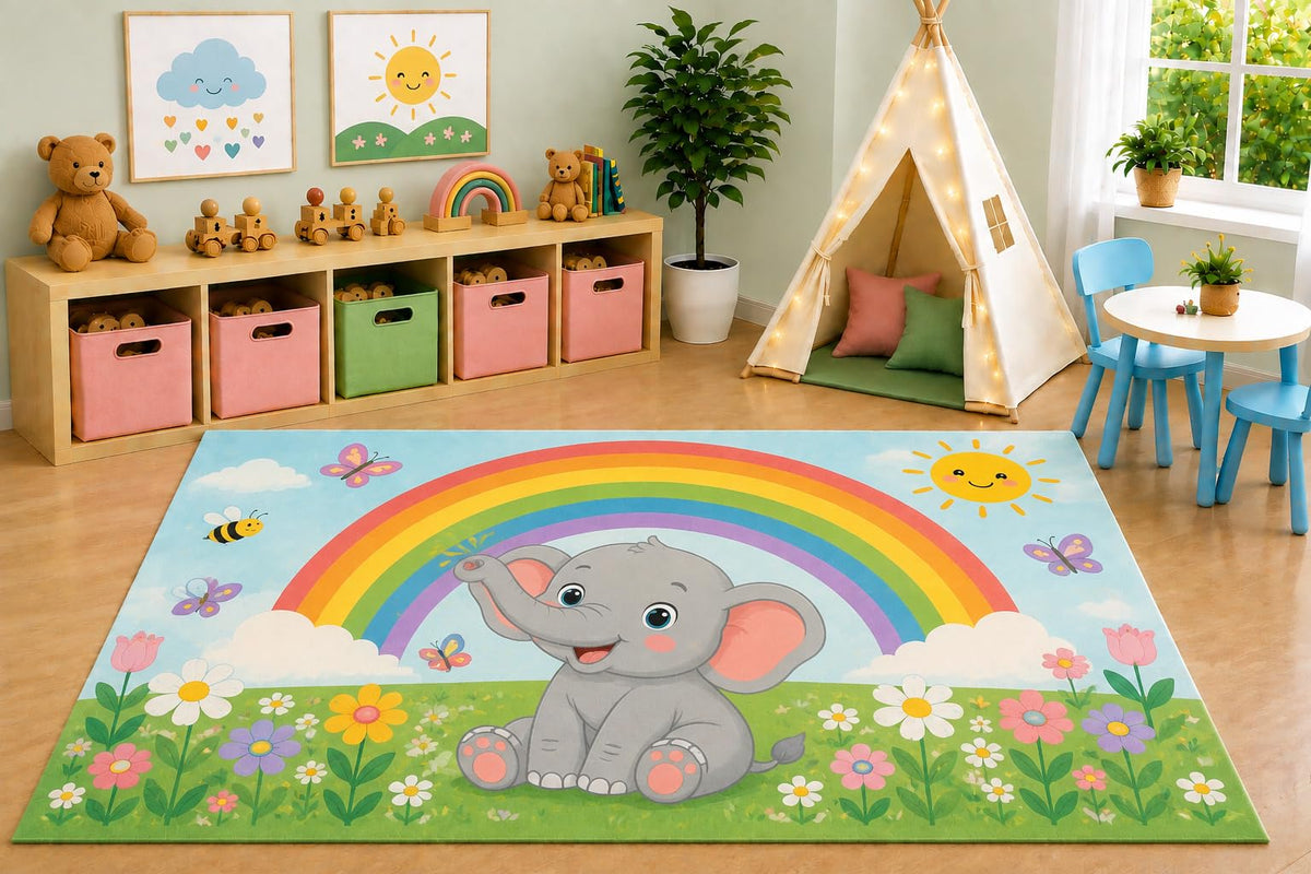 ICE ARMOR 5' x 7' Rainbow Elephant Area Rug, Cute Cartoon Elephant Rainbow Wildflower Meadow Kids Playroom Nursery Bedroom Decor, Non-Slip Silicone Backing Low Pile