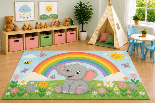 ICE ARMOR 5' x 7' Rainbow Elephant Area Rug, Cute Cartoon Elephant Rainbow Wildflower Meadow Kids Playroom Nursery Bedroom Decor, Non-Slip Silicone Backing Low Pile