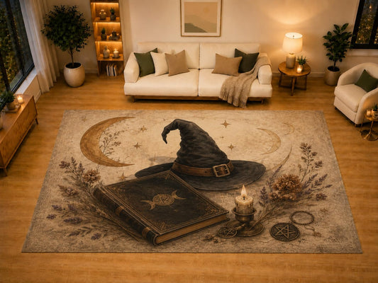 ICE ARMOR "Ultra Light Weight Large 6'7" x 9'10" Witch Hat Spell Book Area Rug for Living Room Bedroom, Soft Low Pile Non-Slip Backing, Beige Black Vintage Halloween Witch Decor