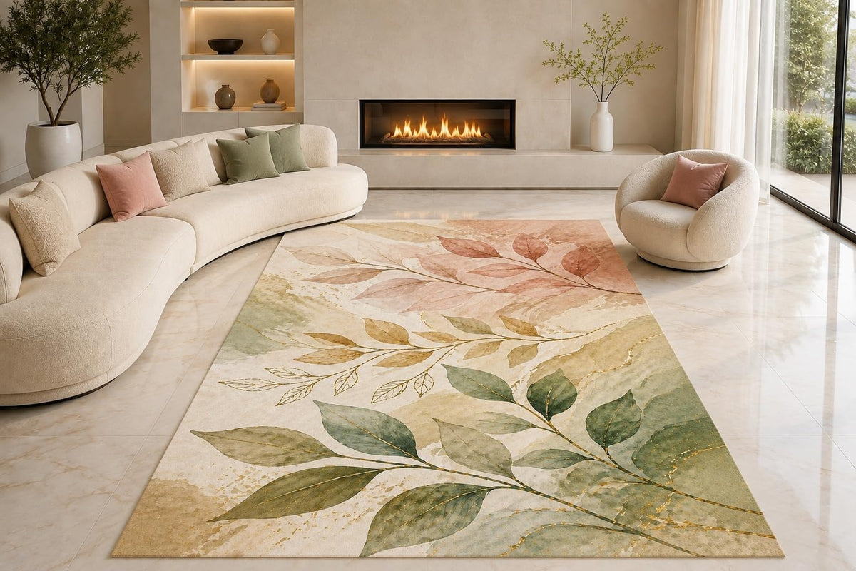 ICE ARMOR "Ultra Lightweight Large 6'7" x 9'10" Blush Rose Branch Area Rug for Living Room, Bedroom and Home Office, Soft Low Pile Carpet with Non-Slip Silicone Backing, Pink and Sage
