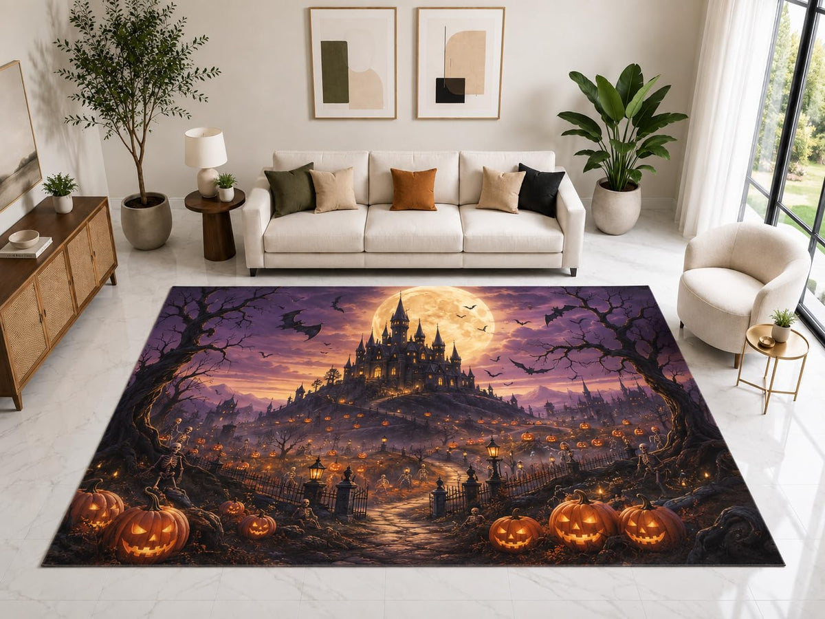 ICE ARMOR "Ultra Light Weight Large 6'7" x 9'10" Haunted Castle Pumpkin Rug, Soft Low Pile Indoor Rug, Non-Slip Silicone Backing for Family Room Purple