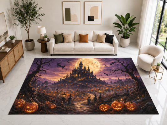 ICE ARMOR "Ultra Light Weight Large 6'7" x 9'10" Haunted Castle Pumpkin Rug, Soft Low Pile Indoor Rug, Non-Slip Silicone Backing for Family Room Purple