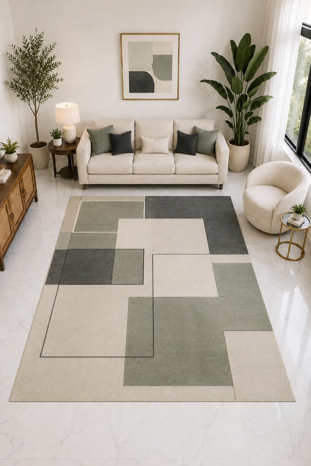ICE ARMOR "Ultra Light Weight Large 6'7" x 9'10" Modern Rectangle Geometric Rug, Soft Low Pile Indoor Rug, Non-Slip Silicone Backing Living Room Sage
