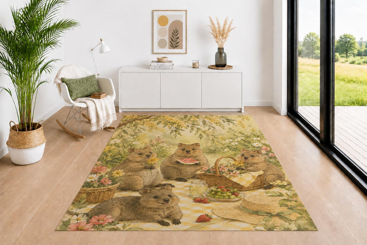 ICE ARMOR 5' x 7' Quokka Picnic Area Rug for Living Room, Soft Low Pile Indoor Rug with Non-Slip Backing, Animal Carpet for Bedroom, Dining Room, Office, Beige Green