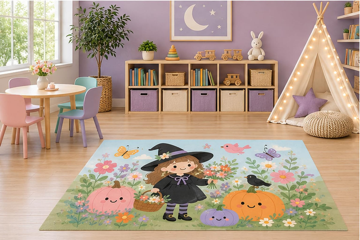 ICE ARMOR 5' x 7' Little Witch Pumpkin Garden Kids Area Rug, Cute Halloween Floral Cartoon Playroom Nursery Bedroom Classroom Decor, Non-Slip Silicone Backing Low Pile