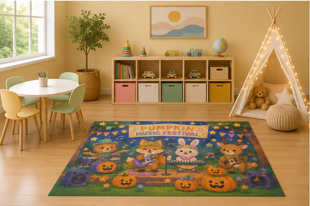 ICE ARMOR 5' x 7' Pumpkin Music Festival Kids Area Rug, Cute Woodland Animals Playing Band Halloween Cartoon Playroom Nursery Bedroom Decor, Non-Slip Silicone Backing Low Pile