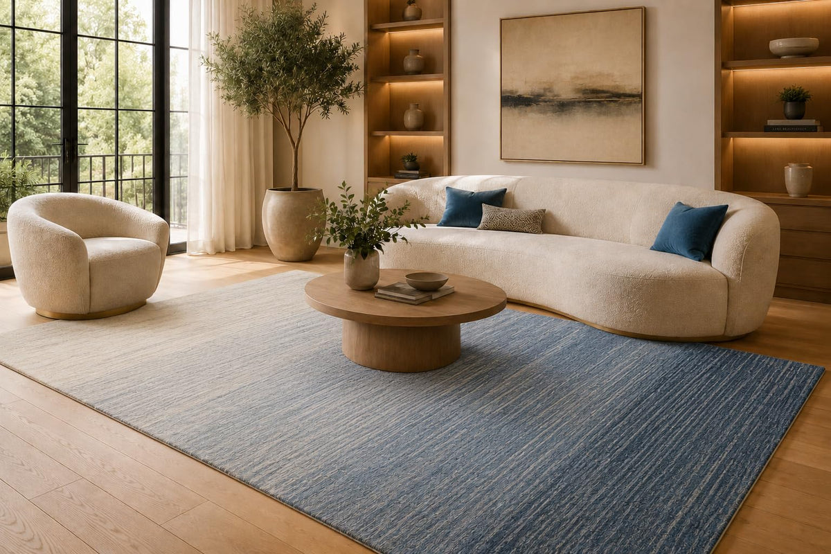 ICE ARMOR 6'7" x 9'10" Blue and Cream Ombre Gradient Area Rug for Living Room, Soft Low Pile Carpet with Non-Slip Silicone Backing, Floor Decor for Bedroom, Dining Area and Home Office