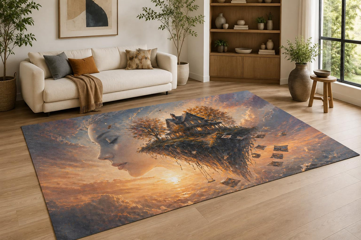ICE ARMOR "Ultra Lightweight Large 6'7" x 9'10" Dream Woman Village Area Rug for Living Room, Bedroom and Home Office, Soft Low Pile Carpet with Non-Slip Silicone Backing, Gray and Orange