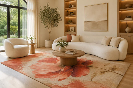 ICE ARMOR 6'7" x 9'10" Rust and Beige Watercolor Floral Area Rug for Living Room, Soft Low Pile Carpet with Non-Slip Silicone Backing, Floor Decor for Bedroom, Dining Area and Home Office