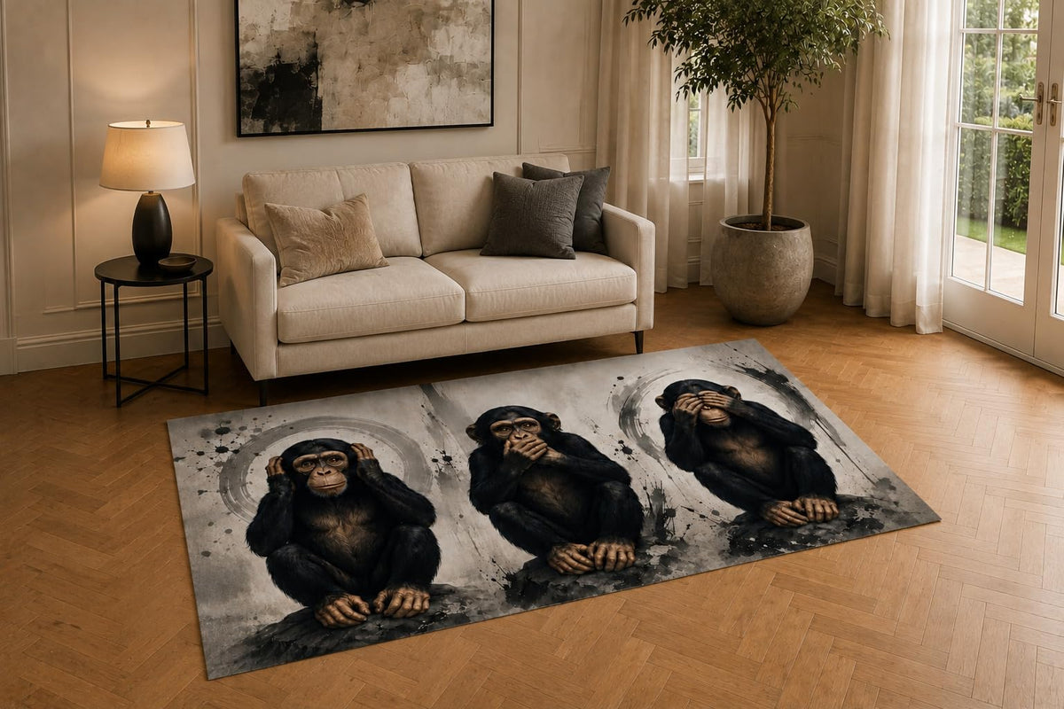 ICE ARMOR "Ultra Light Weight 5' x 7' Three Wise Monkeys Area Rug for Living Room, Bedroom and Home Office, Soft Low Pile Carpet with Non-Slip Silicone Backing, Black and Gray