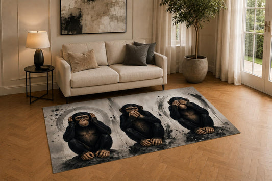 ICE ARMOR "Ultra Light Weight 5' x 7' Three Wise Monkeys Area Rug for Living Room, Bedroom and Home Office, Soft Low Pile Carpet with Non-Slip Silicone Backing, Black and Gray