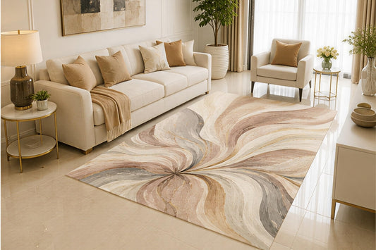 ICE ARMOR 5' x 7' Neutral Abstract Swirl Area Rug, Beige Taupe Modern Flow Art Design for Living Room Bedroom Office, Non-Slip Silicone Backing, Low Pile Carpet