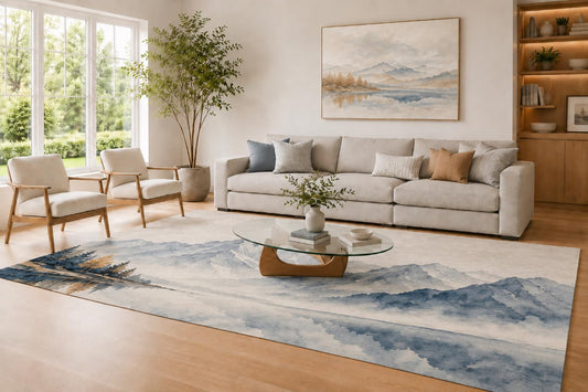 ICE ARMOR Large 6'7" x 9'10" Dusty Blue and Cream Mountain Lake Area Rug for Living Room, Soft Low Pile Carpet with Non-Slip Silicone Backing, Decor for Bedroom and Home Office