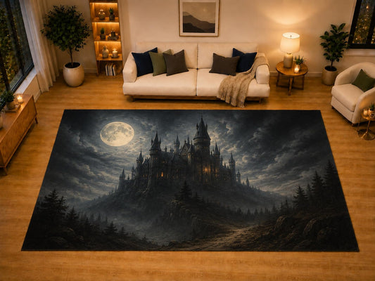 ICE ARMOR "Ultra Light Weight Large 6'7" x 9'10" Gothic Castle Full Moon Area Rug for Living Room Bedroom, Soft Low Pile Non-Slip Backing, Black Gray Haunted Fantasy Decor