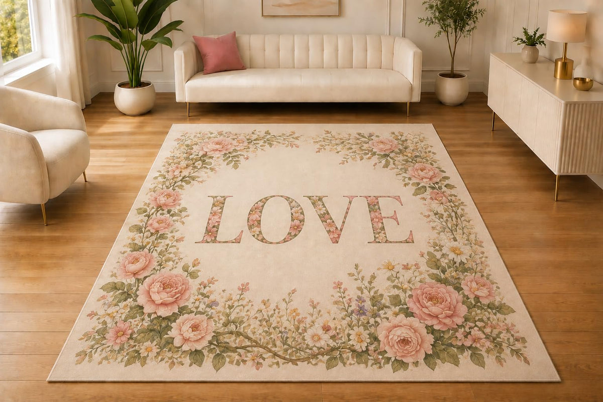 ICE ARMOR 5' x 7' Romantic Rose Garden Love Area Rug, Soft Low Pile Indoor Rug with Non-Slip Silicone Backing for Living Room, Bedroom, Office, Family Room, Cream Pink Blush
